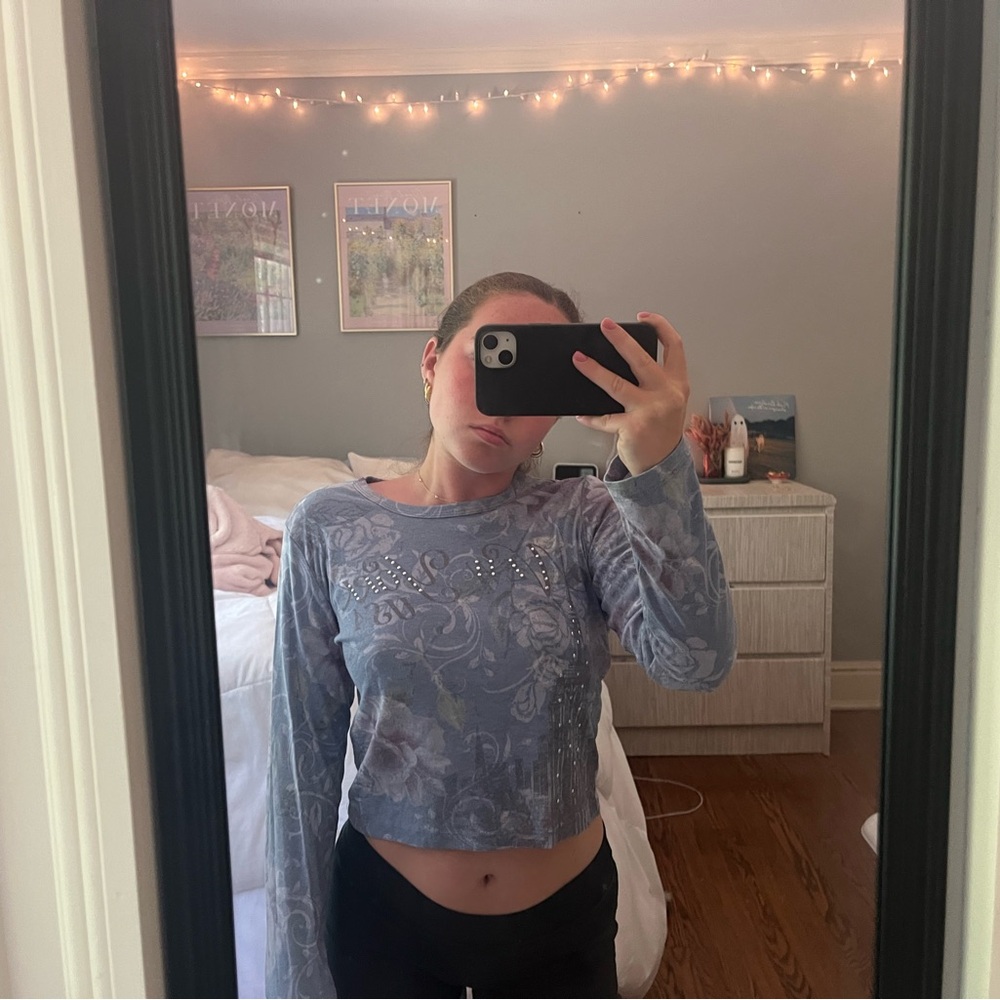Urban Outfitters Blue and purple long sleeve floral top with rhinestone details